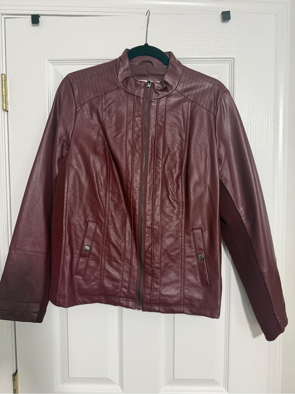 Women’s Vegan Leather Moto Jacket - Burgundy - Picture 1 of 4